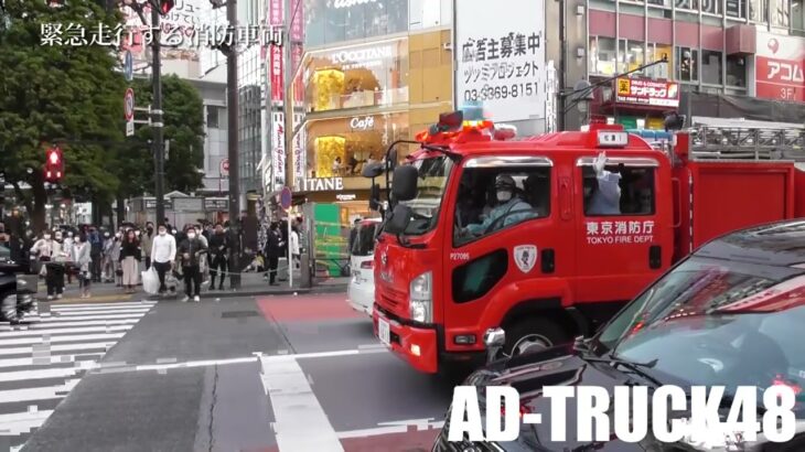歩行者、通行車両の間を緊急走行する消防車両！渋谷駅前スクランブル交差点