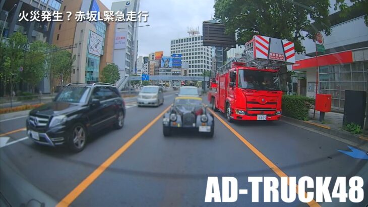 火災発生か？青山通りを赤坂Lのハシゴ車が緊急走行で渋谷方面へ