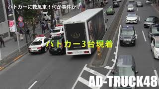 人が増えた渋谷で事件発生？現場へ向け緊急走行するパトカーに救急車！倒れこむ被害者に寄添う警察官