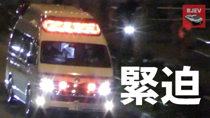 [日本の救急車] 赤色灯の赤い光により緊迫感伝わる救急車の夜間の緊急走行
