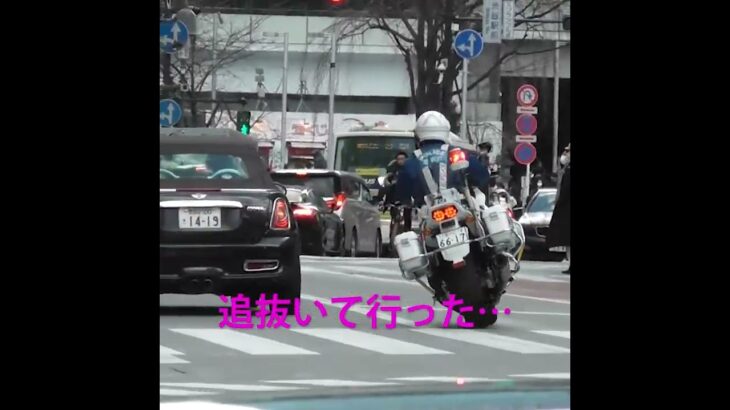 渋谷公園通りを右に左に車を避けながら緊急走行する白バイ