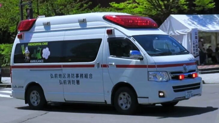 🌸弘前城追手門前🌸を緊急走行する、弘前地区消防事務組合のハイメディック救急車🚑