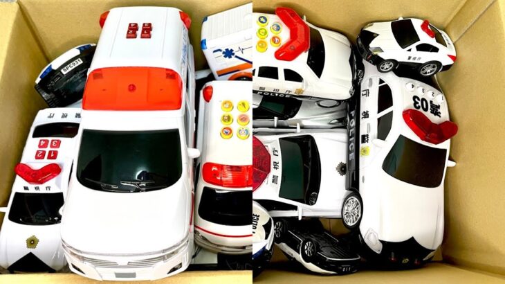 たくさんの救急車パトカー消防車のミニカー箱にまとめ、緊急走行。Many ambulance policecar fire engine mini car emergency driving.