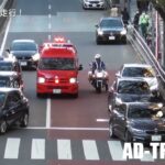 明治通りを緊急走行する消防指揮車に道を譲る交機の白バイ隊員