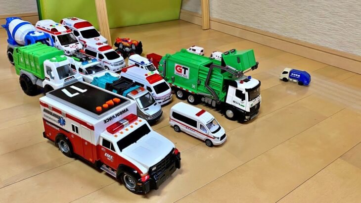 ゴミ収集車と救急車のミニカーが走る！白いテープの坂道！緊急走行テスト Garbage truck and Ambulance Cars Zoom Down the White Tape Ramp!