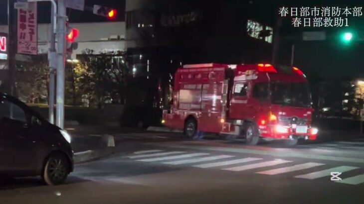 【消防・出動】長時間に及ぶ消火活動により、人員交代並びに鎮火に向けた消火活動の為救助隊に特命出動が下る。　春日部救助1出動シーン