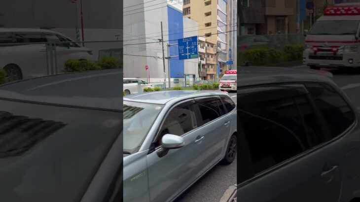 緊急走行中の救急車を撮影していたら映りたがりの乗用車が見切れる
