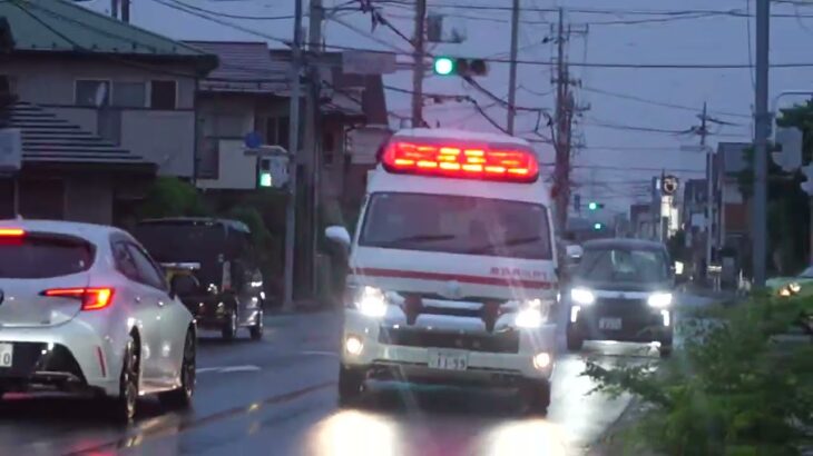 春日部消防　救急車　ハーモニックサイレン鳴らして緊急走行で消防署前を通過‼︎