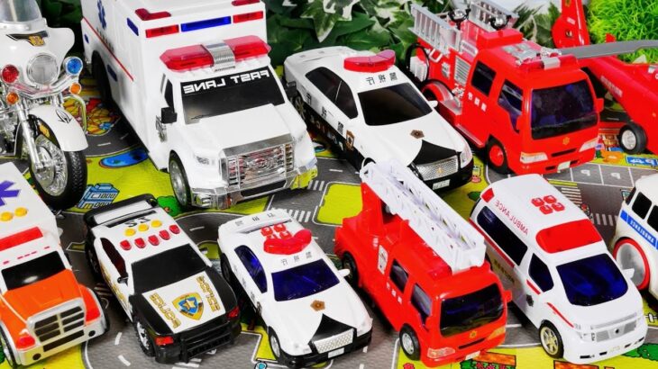 働く車（緊急車両）の大きなミニカー大集合スペシャル！ パトカー、救急車、消防車が登場だ！ 1台ずつチェックして行こう！ Emergency Working cars Collection