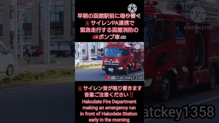 早朝の函館駅前に鳴り響く🚨サイレンPA連携で緊急走行する🚒函館消防のポンプ車🚑️