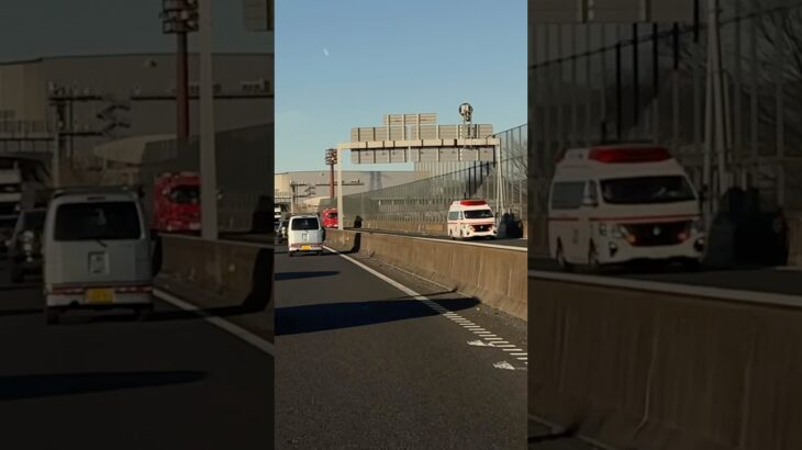 東名高速の事故現場に向け緊急走行する消防車と救急車【海老名市消防本部】