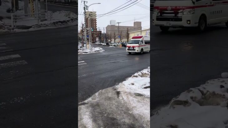 【爆音サイレン】歩行者釘付け！札幌市消防局の救急車がマイク放送で緊急走行！