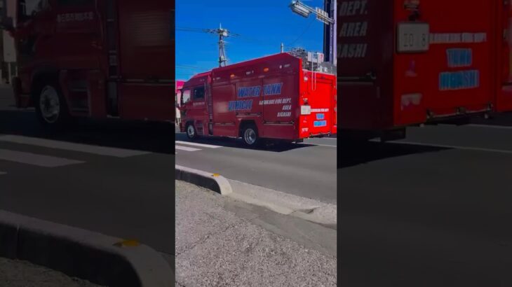 【訓練から転戦？】春日部市消防本部　消防車。春日部東1。緊急走行シーン！警鐘あり。