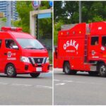 扇町を緊急走行する救助工作車BR11と指揮車CC330（大阪市消防局）