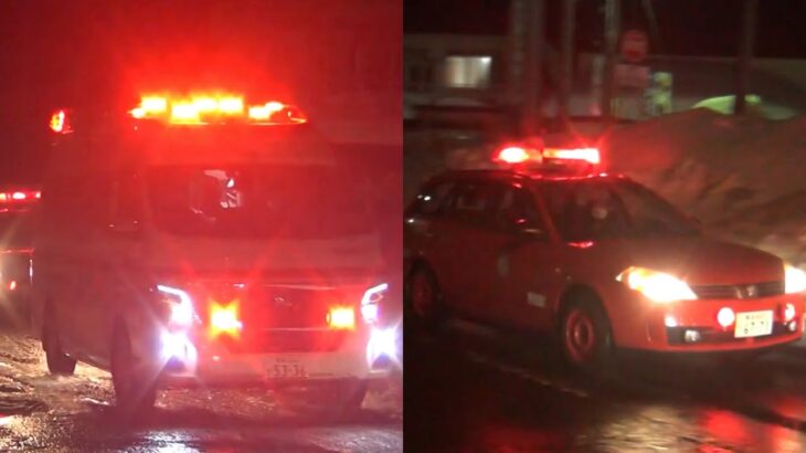 【緊急走行】激レアPA連携。雪道で道幅が狭く大きい車両では通れないため連絡車に乗り換えて出動。原別救急１、原別連絡１ 青森地域広域事務組合消防本部