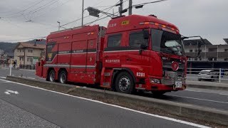 消防車3台　救急車　緊急走行　レスキュー車　タンク車　ポンプ車