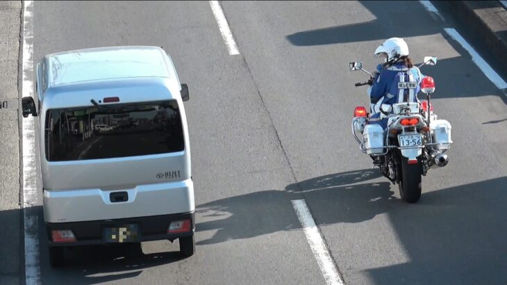 【道路交通法第38条第2項】横断歩道の手前で一時停止を怠った軽貨物が歩行者妨害で白バイに捕まる瞬間