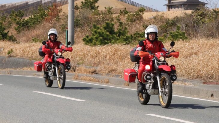 【緊急走行】 〜 赤バイ隊先行投入！情報収集任務出動！ 〜 磐田市消防団 本部 災害用二輪車 （ 赤バイ ） 〜 防火・防災EXPO 〜【4K動画】