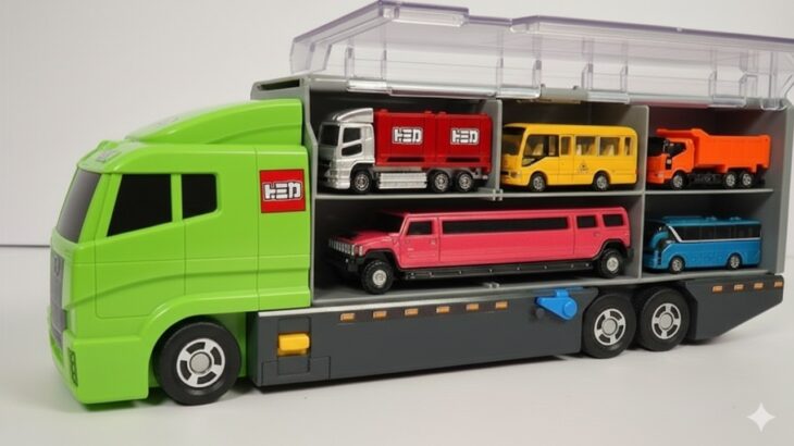 トミカ☆人気ミニカーをコンボイに収納!緊急走行ミッションスタート☆Popular Tomica cars loaded into convoy emergency driving