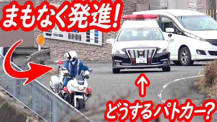 まもなく発進する白バイにパトカーの配慮が良き！常連ミニバン２匹が捕まる瞬間！ 【白バイ２台体勢によるスピード違反取り締まり】
