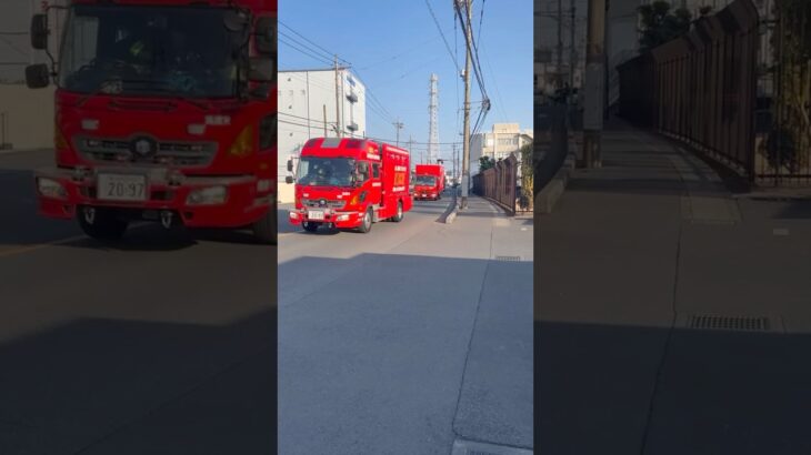 【隊列走行！】春日部市消防本部　消防車　緊急走行シーン！警鐘あり。