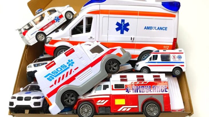 救急車のミニカーが箱に並びました。救急車パトカー消防車のミニカーが走る走る！Ambulance Minicar runs in an emergency. Slope driving test