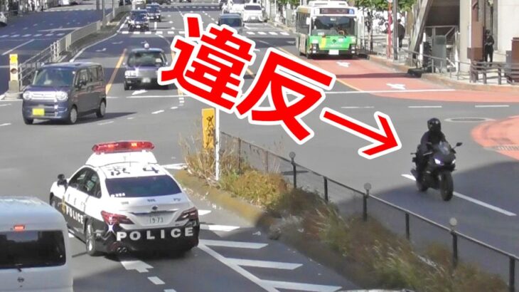対向車のオートバイがイエローカット！パトカー緊急走行で転回し猛追するも…逃げたかも