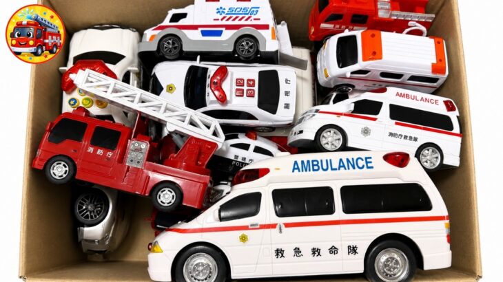 🚑🚒🚓 救急車・消防車・パトカーのミニカーを箱に集めてサイレン緊急出動！坂道走行テスト【子供向け】