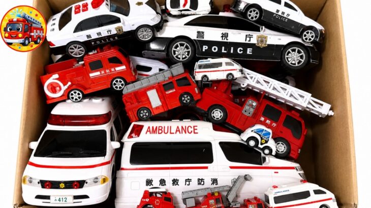 🚑🚒🚓 救急車・消防車・パトカーのミニカーを大量に箱に集めてみた！サイレン緊急出動＆坂道走行テスト☀️夏休み【子供向け】
