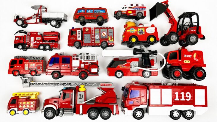 おもちゃの消防車コレクションをテーブルに並べる | 1台ずつチェック＆ブラックホールへ緊急走行 | ASMR