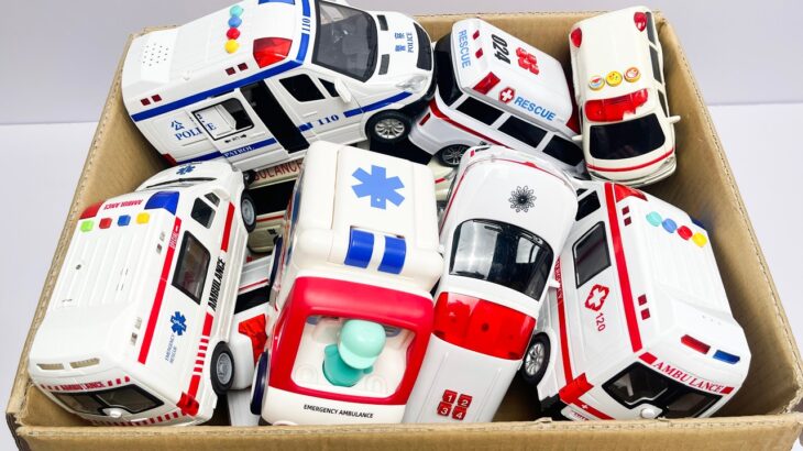 救急車のミニカーが箱に大集合！チェック、坂道を緊急走行テスト☆Ambulance Toy Run Down The Slope. Emergency Drive Test