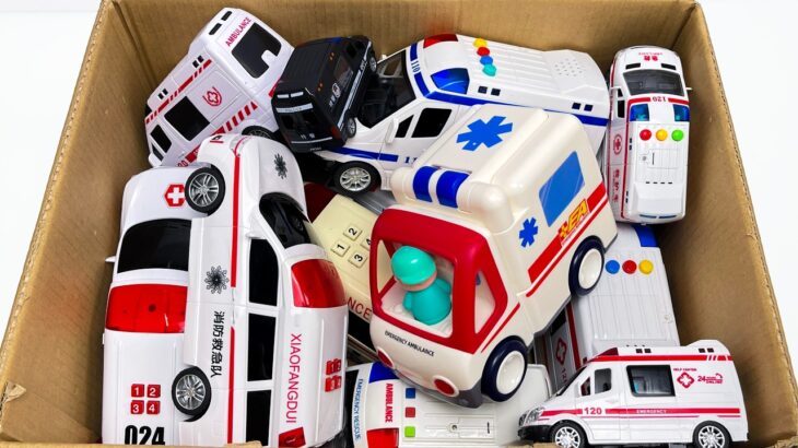 救急車のミニカーが箱に並びました。チェック、坂道を緊急走行テスト☆Ambulance Toy Run Down The Slope. Emergency Drive Test!
