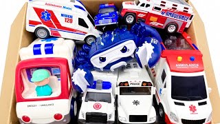 カラフルな救急車とパトカーの坂道走行テスト！カニさんロボットと大集合★Kids Toy Cars