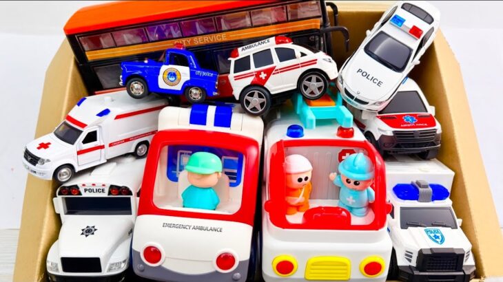救急車とパトカーと大きなバスの大集合！箱から緊急出動テスト★Kids Toy Cars