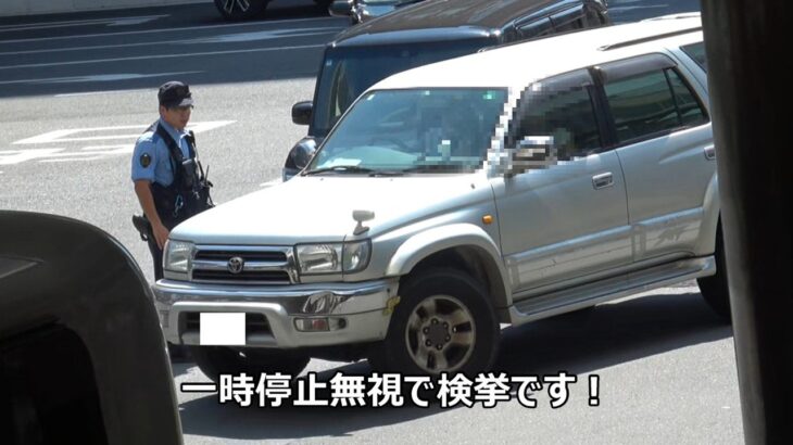 一時停止線で全く止まる気がないテキトー運転のサーフが警察官に捕まる瞬間!!違反処理のために誘導するもまさかの場所で違反処理!!