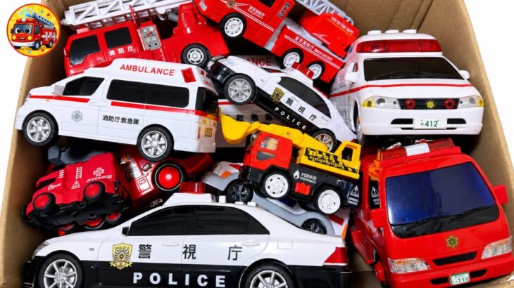 🚑🚒🚓救急車・消防車・パトカー大集合！はたらくくるまのミニカーを箱に集めてサイレン鳴らして坂道走行テスト【子供向け】秋のおうち遊び