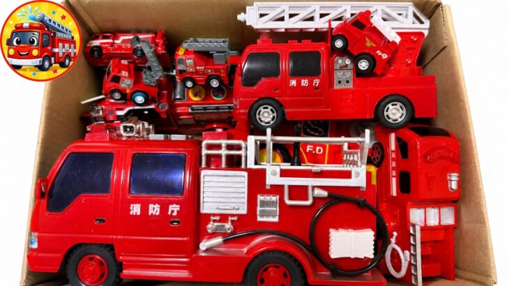🚒消防車のミニカーだけ大量に箱に集めてみた！サイレン鳴らして緊急出動＆坂道走行テスト【子供向け】おうち遊び